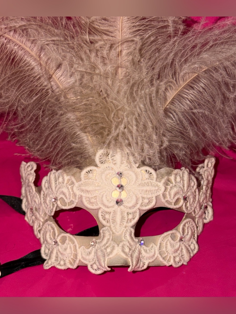 Handmade Venetian Masquerade Mask in White Lace and Cream Feathers